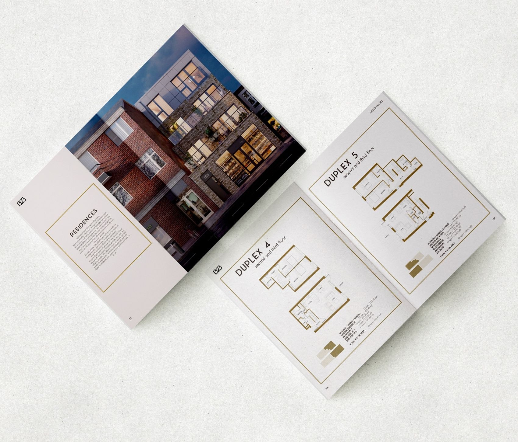 1323 Whetstone brochure open at the residences and duplex floor plans beside an exterior CGI, print design by HDEY