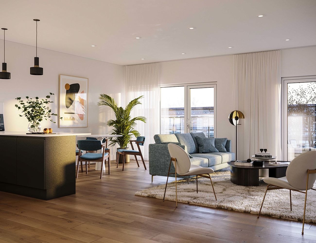 1323 Whetstone open plan living and kitchen with oak floors and black pendants, London, interior design by HDEY