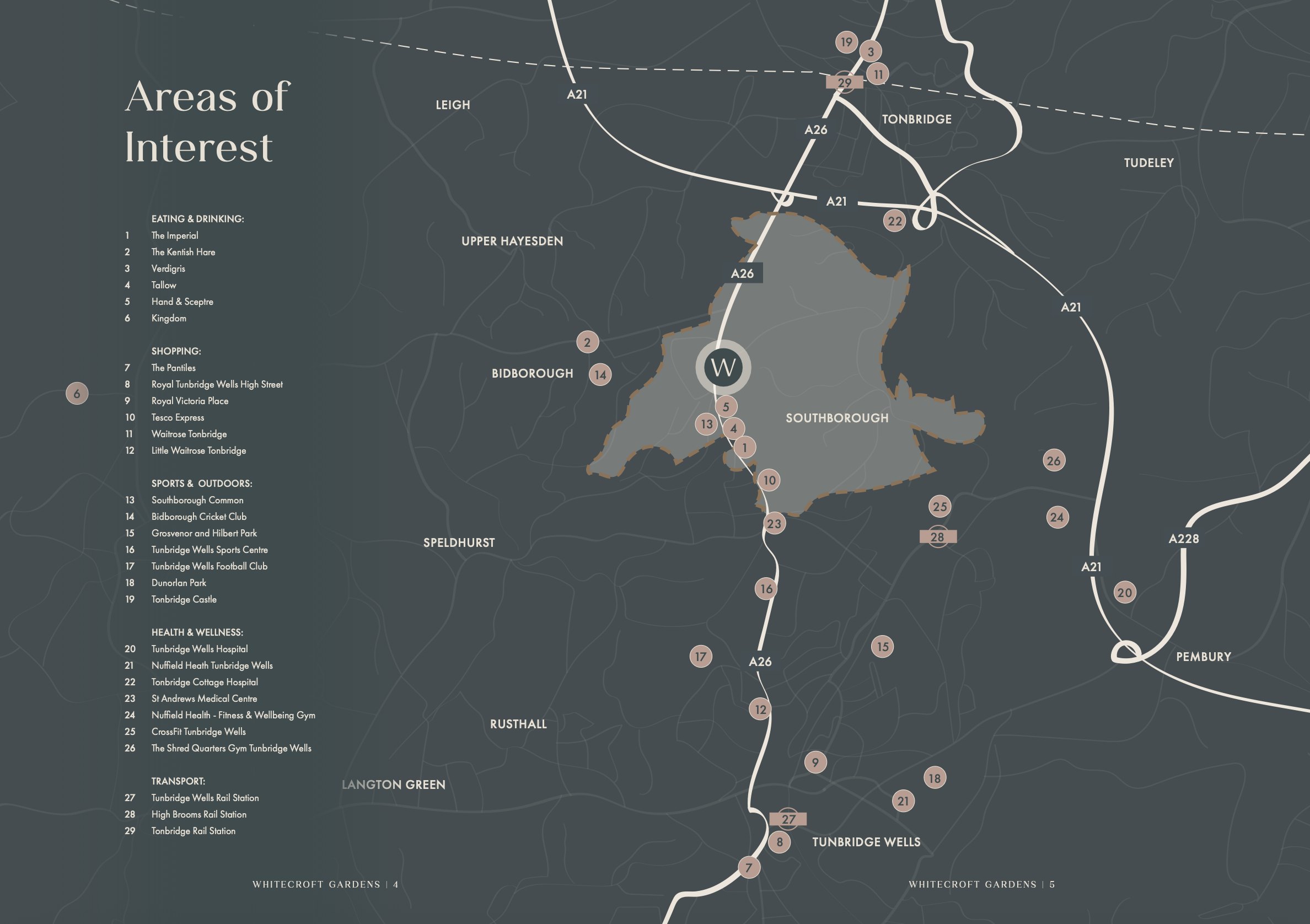 Whitecroft Gardens brochure spread — Areas of Interest, a drawn map of Southborough and Tunbridge Wells, editorial design by HDEY