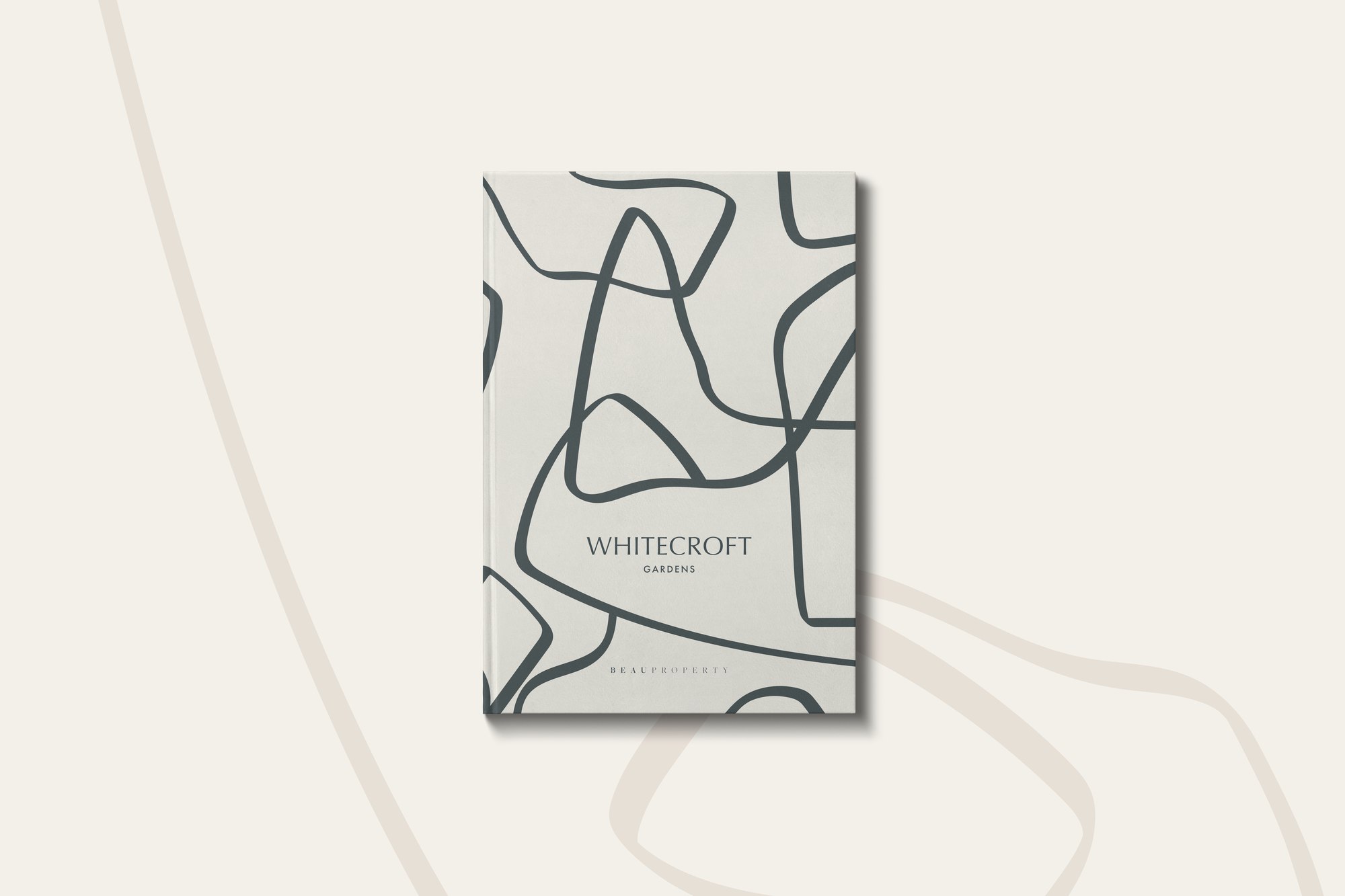 Whitecroft Gardens brochure cover with a continuous line device in charcoal on pale stone, print design by HDEY