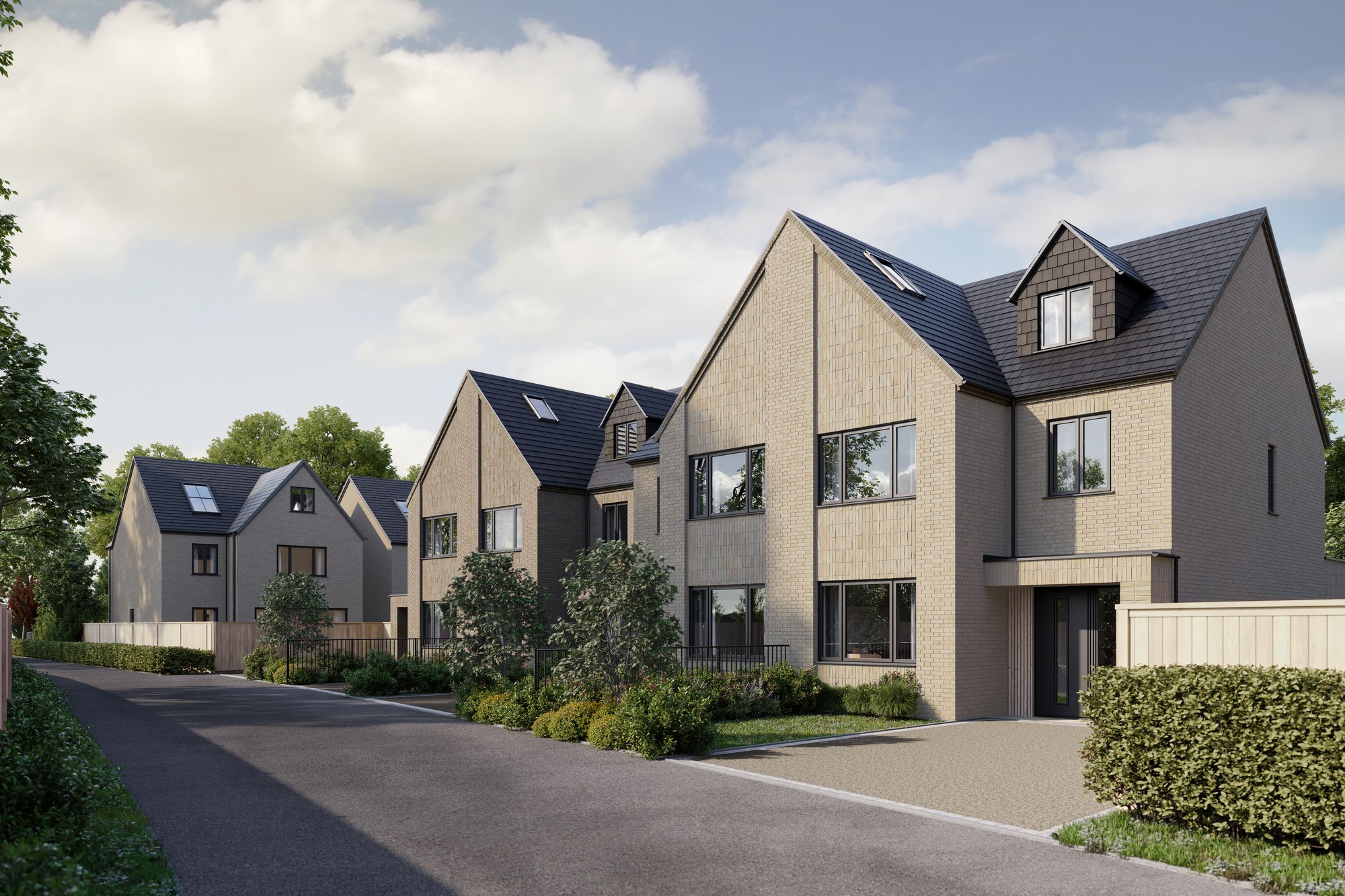 Whitecroft Gardens exterior CGI, gable-fronted brick homes in Southborough