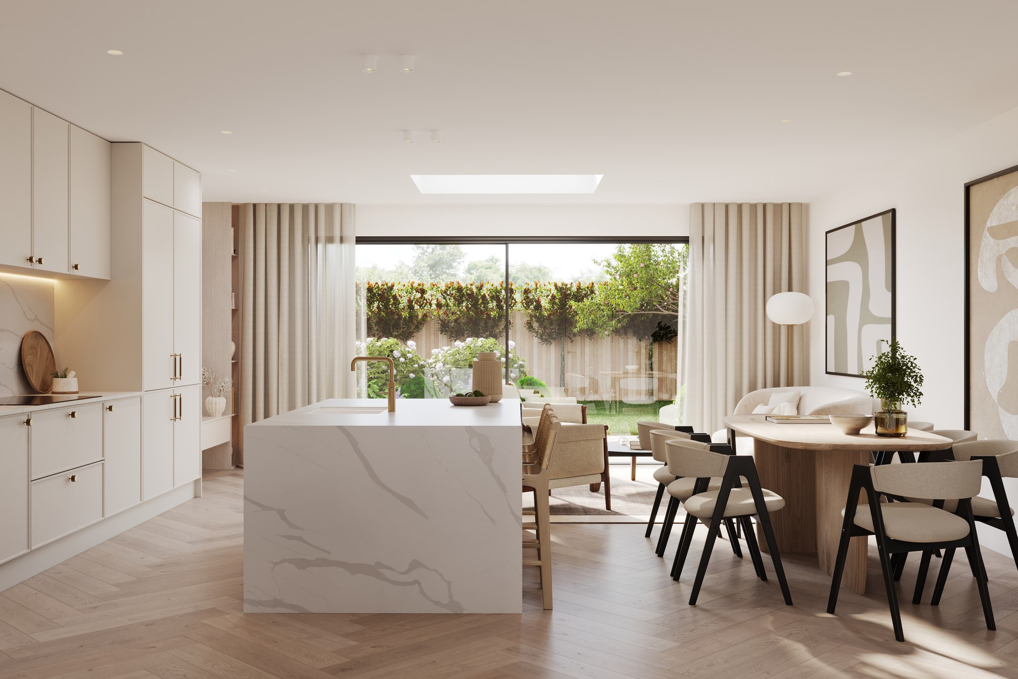 Whitecroft Gardens open-plan kitchen and living CGI, semi-detached house
