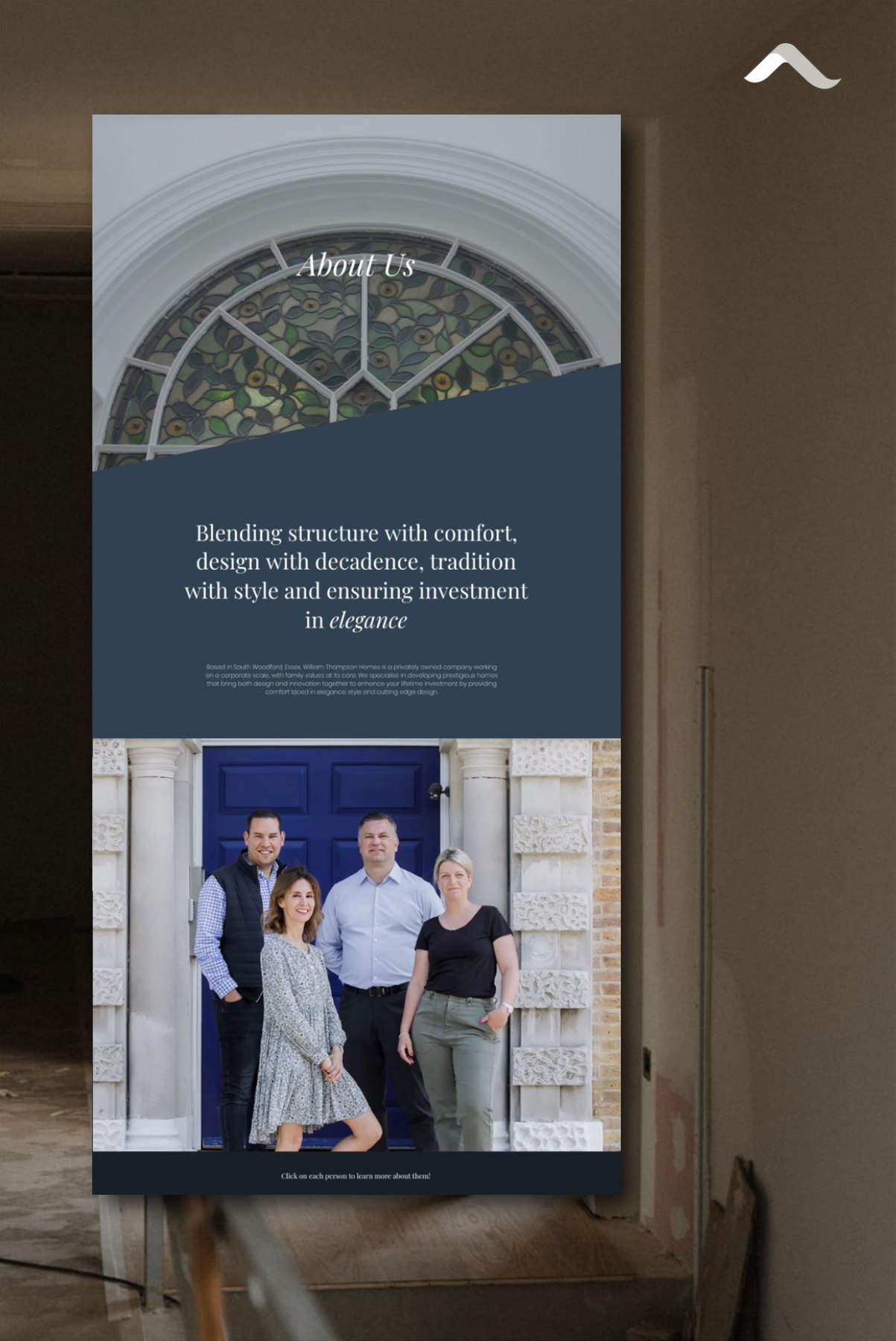 William Thompson Homes About page in navy, with the proposition set over a stained glass fanlight and the team photographed below, web design by HDEY