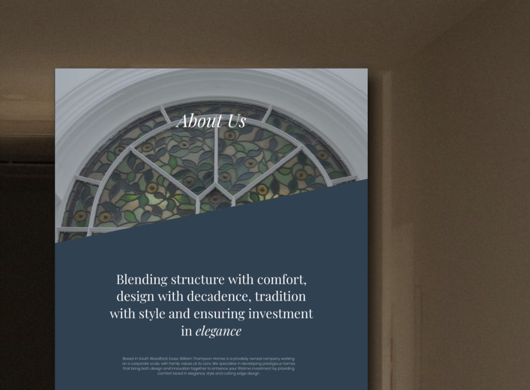 William Thompson Homes About Us section with the line Blending structure with comfort, design with decadence, tradition with style and ensuring investment in elegance