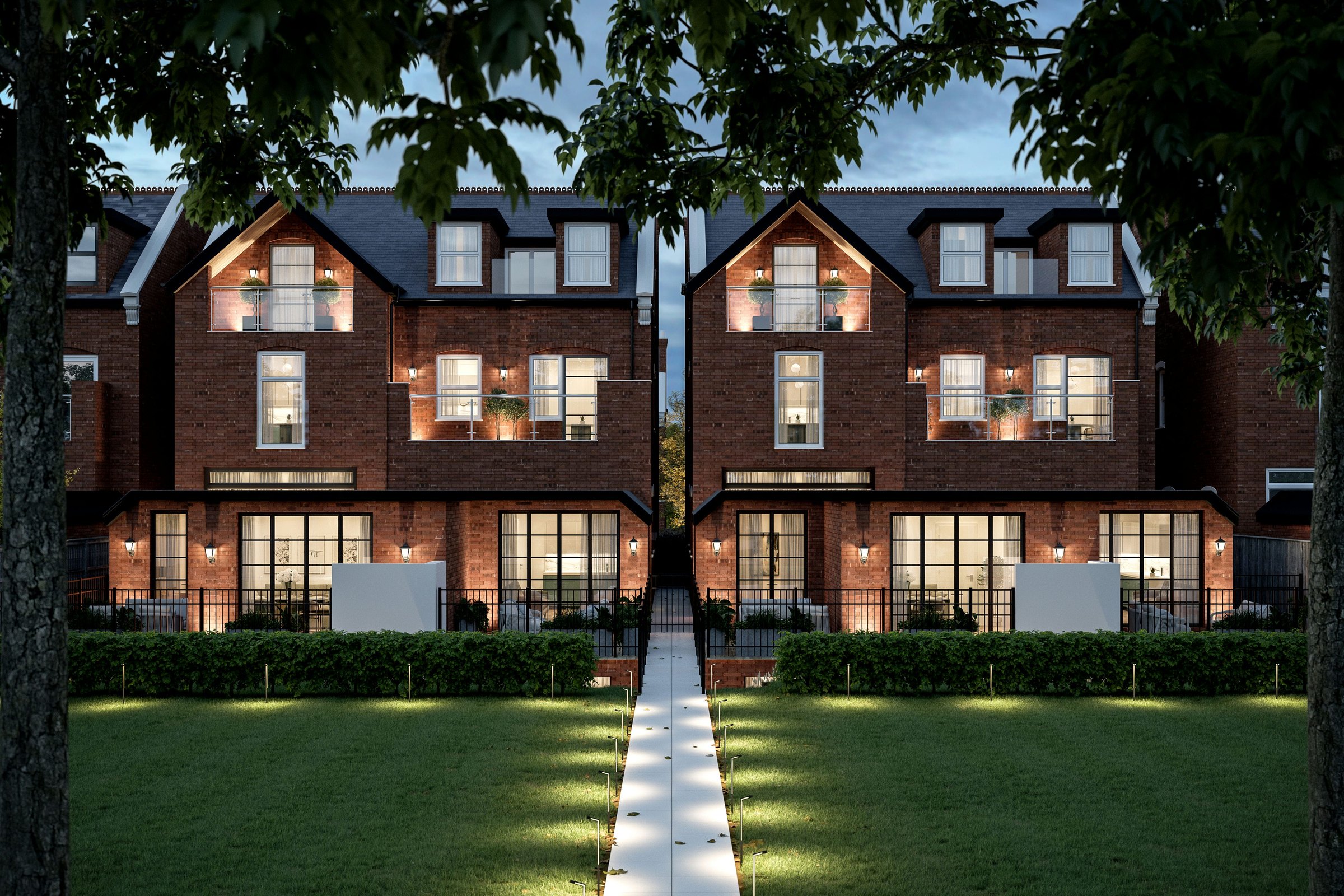 Willow & Verde external CGI — rear elevation and communal gardens, Ealing, by HDEY