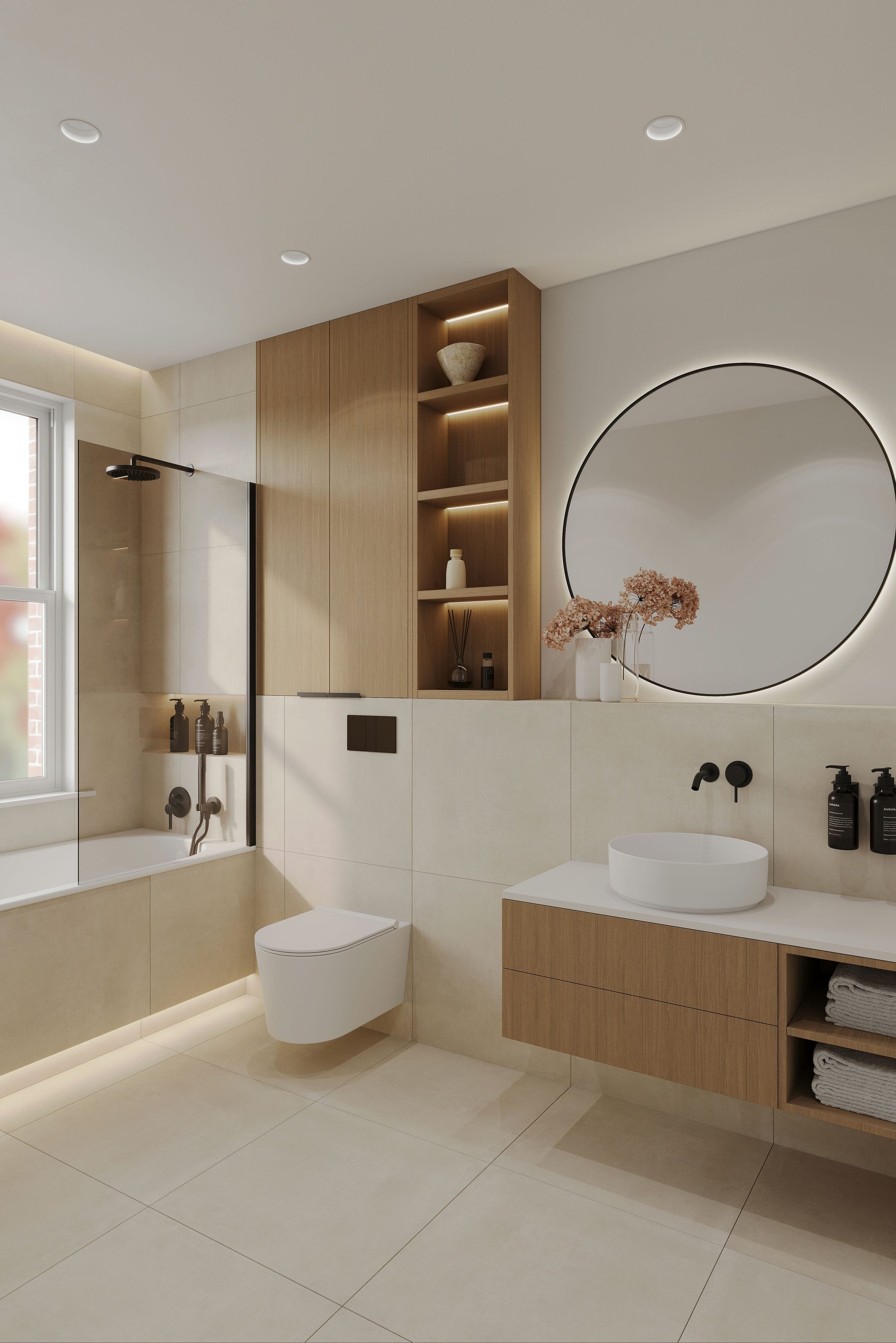 Willow & Verde bathroom CGI with warm tiling and brassware, Ealing — by HDEY
