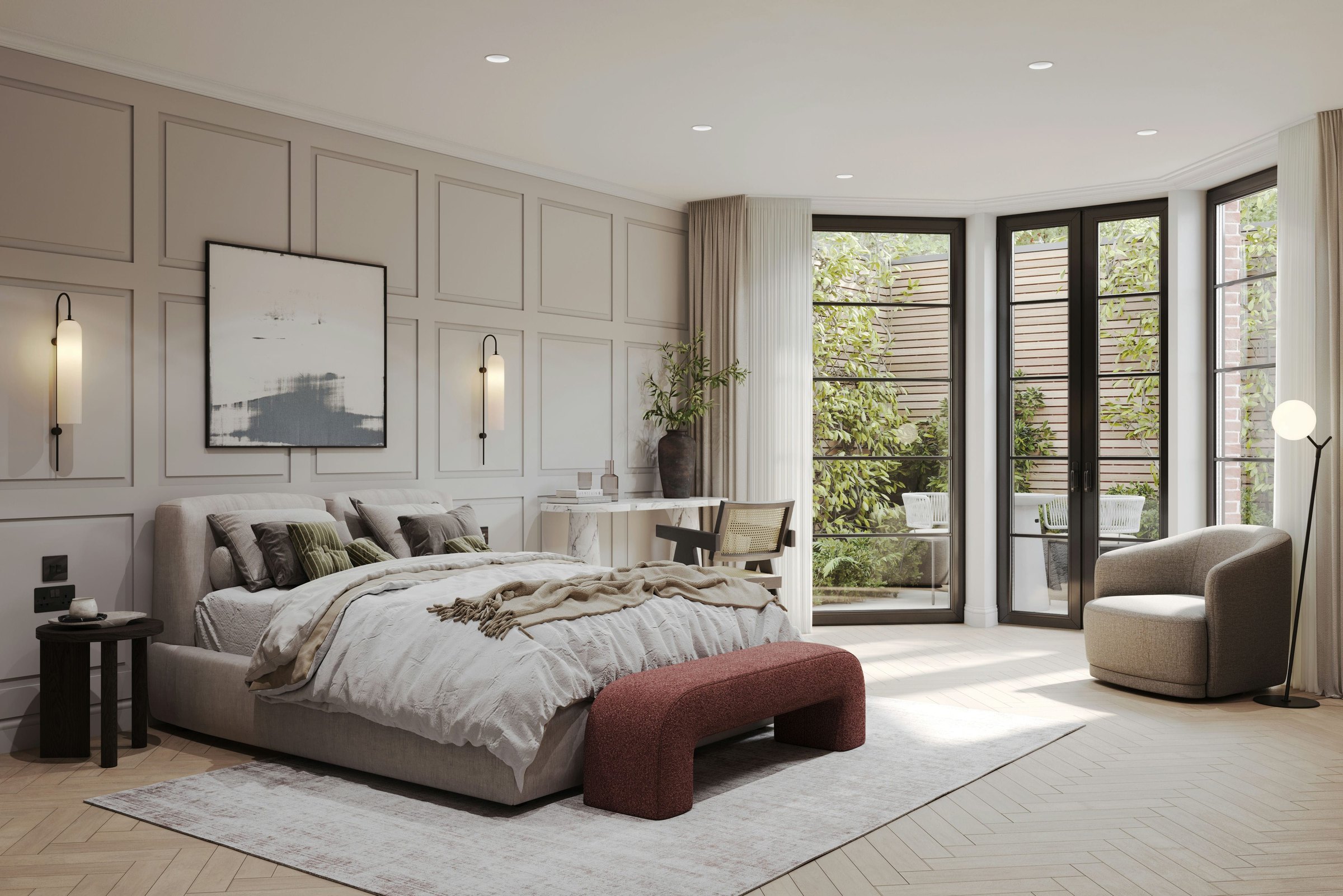Willow & Verde bedroom CGI with soft green palette, Ealing — by HDEY