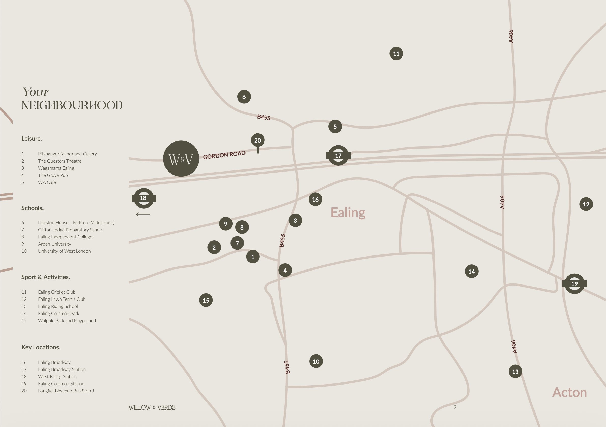 Willow & Verde brochure spread — the local area map of Ealing, editorial design by HDEY