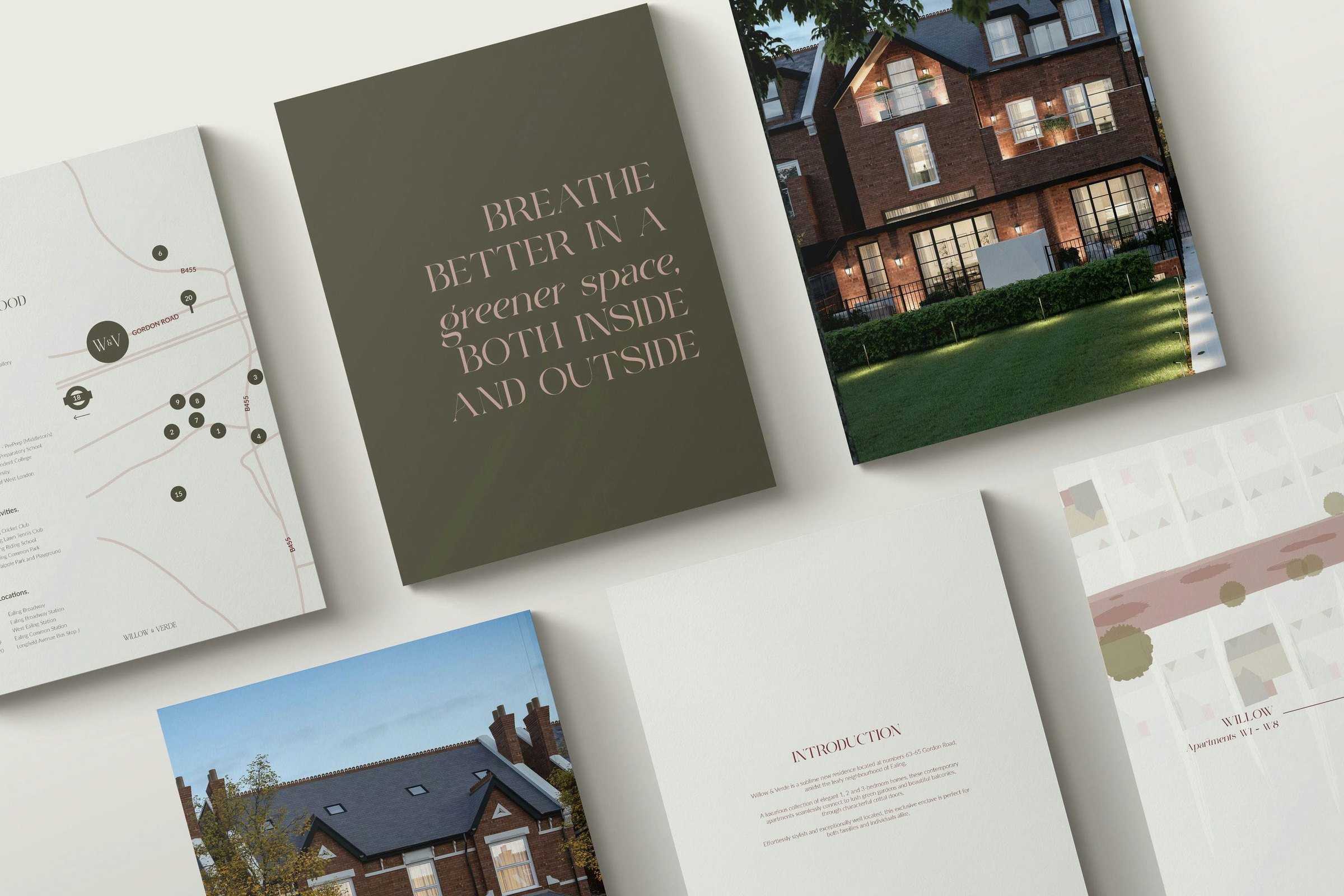 Willow & Verde multi-page brochure mockup — print design by HDEY