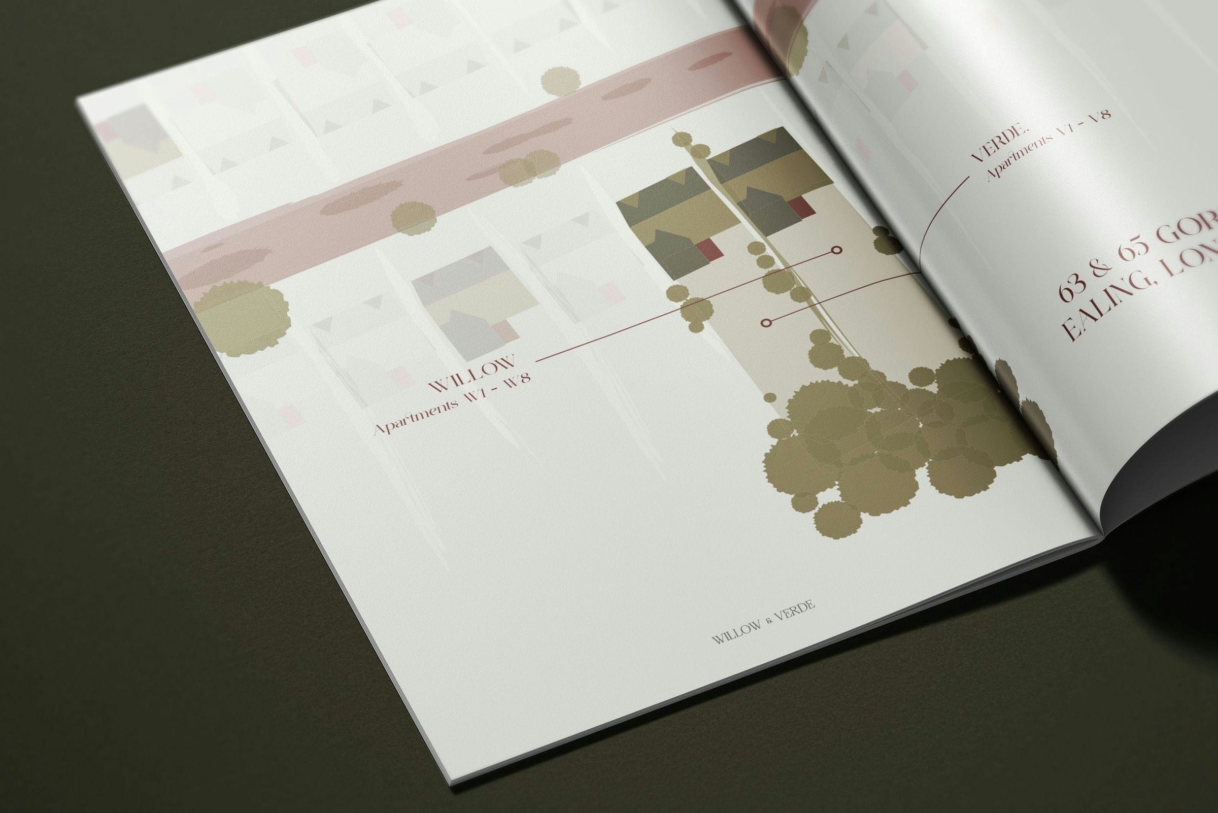Willow & Verde brochure spread with green planting imagery — print design by HDEY