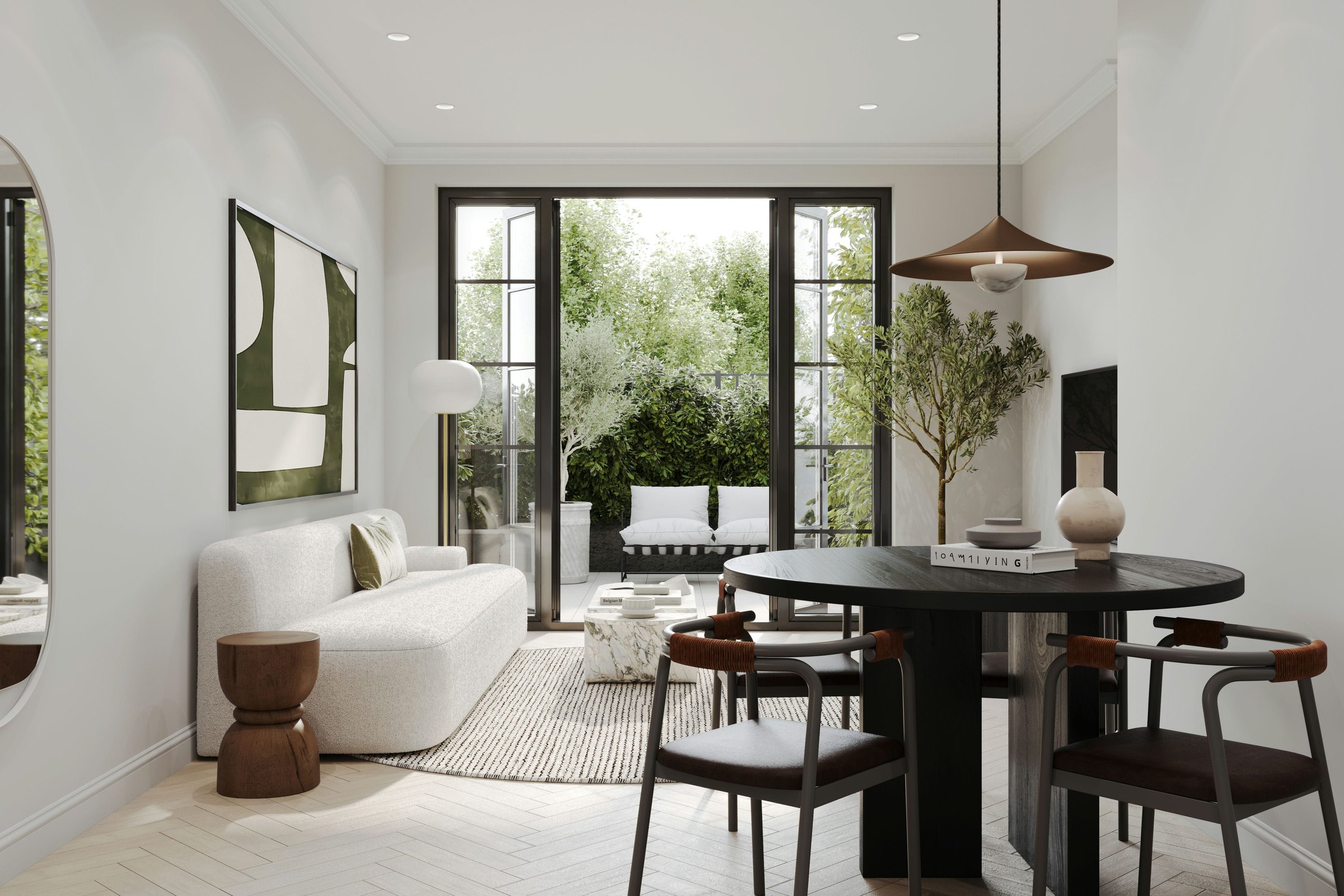Willow & Verde living room CGI with herringbone floor and Crittall doors to the balcony, Ealing — by HDEY