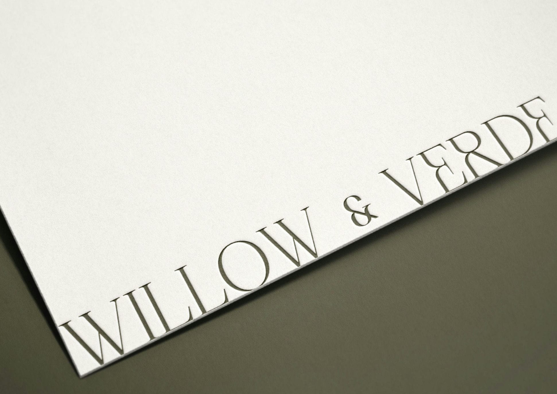 Willow & Verde logo and brand identity, embossed on stock — brand design by HDEY