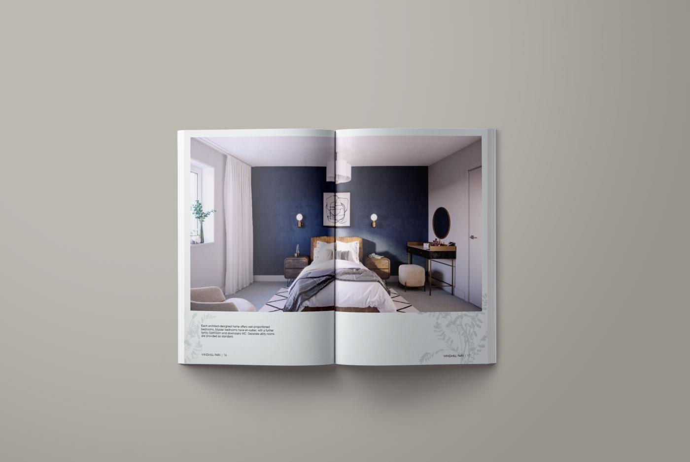 Windmill Park brochure open at a bedroom spread, print design by HDEY