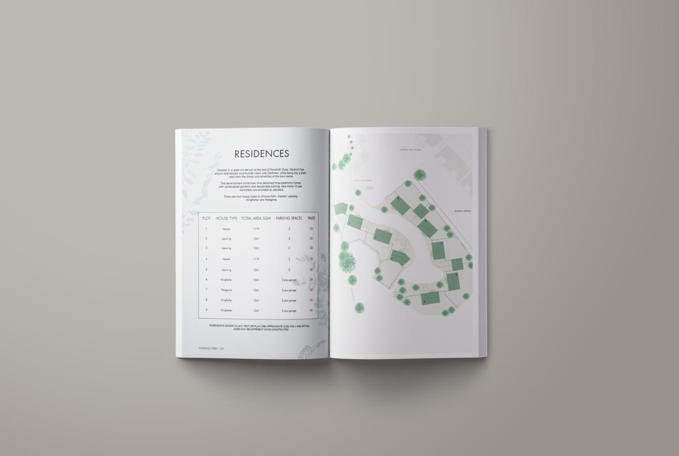 Windmill Park brochure open at the residences schedule and site plan, print design by HDEY