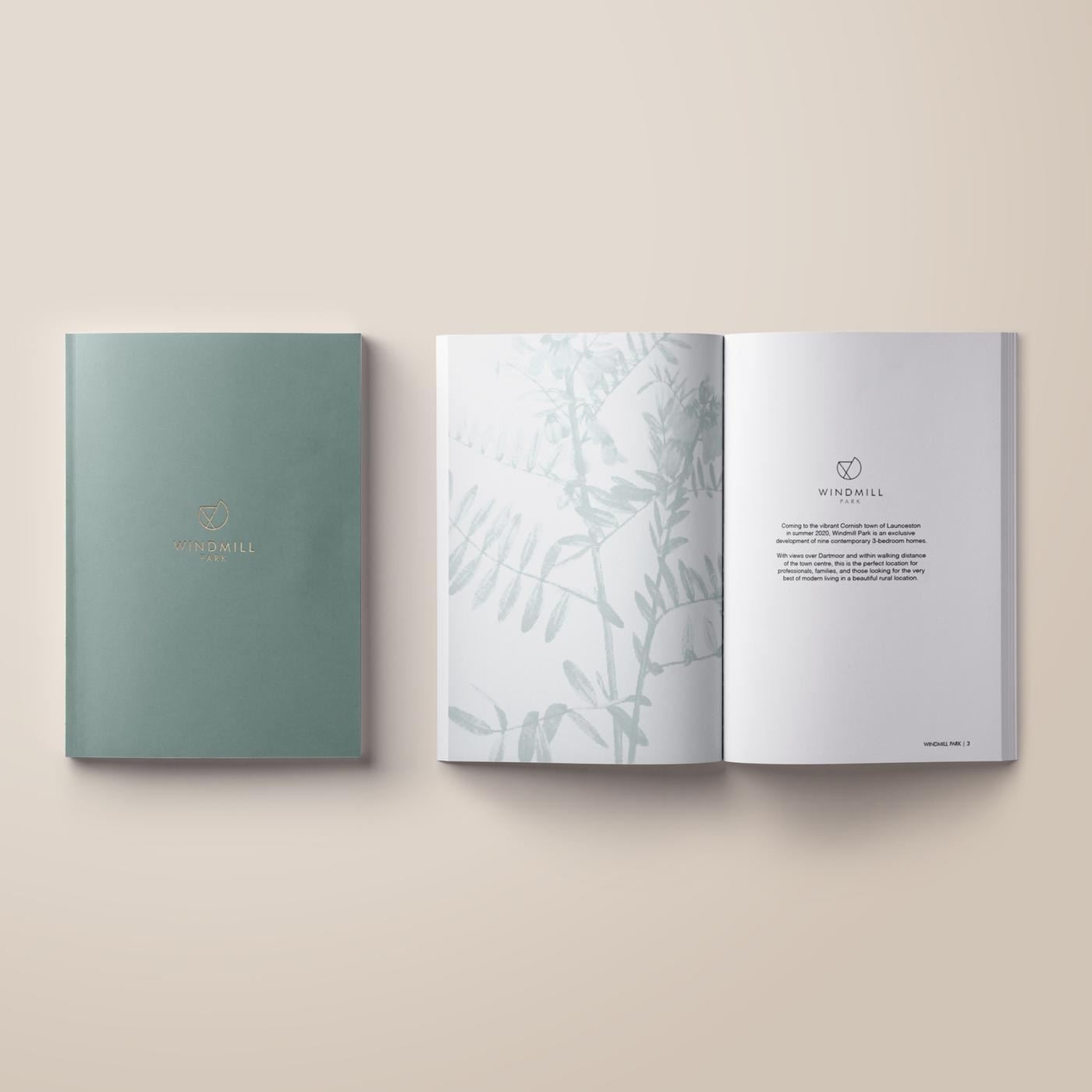 Windmill Park brochure cover and inside spread in sage green, print design by HDEY