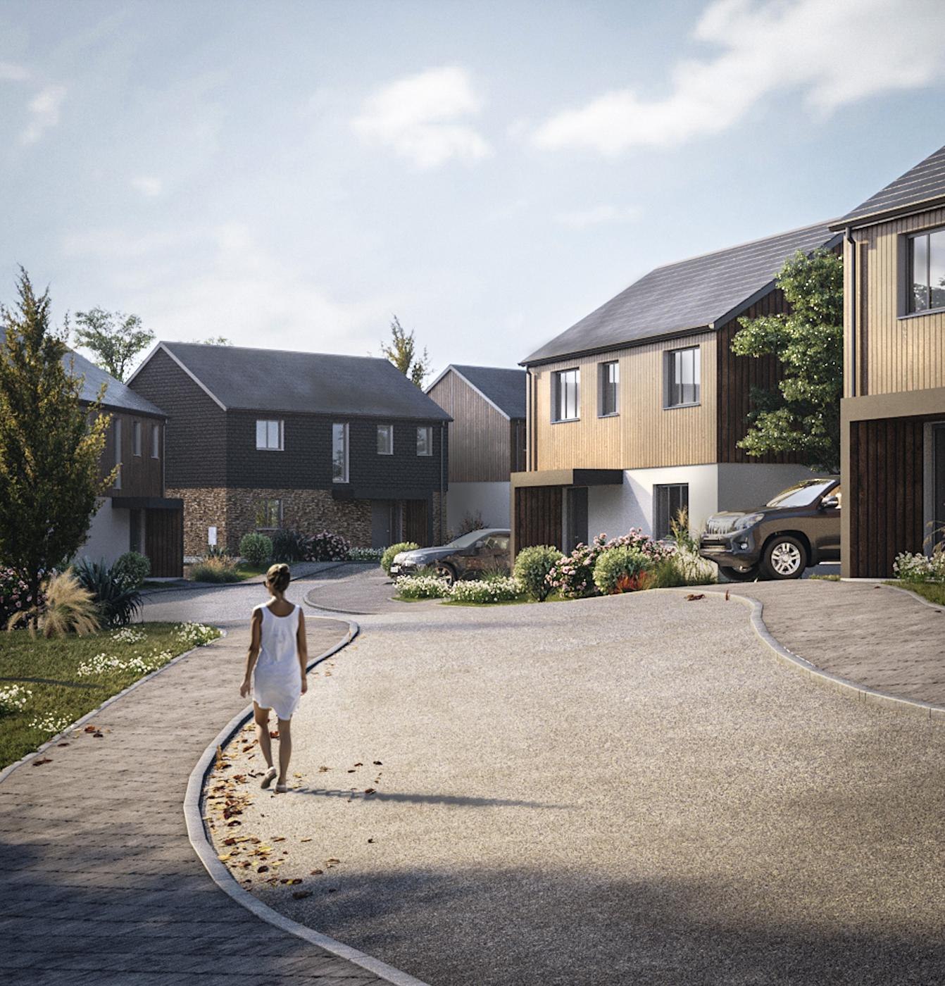 Windmill Park external CGI of the new homes and street, Launceston, Cornwall — by HDEY