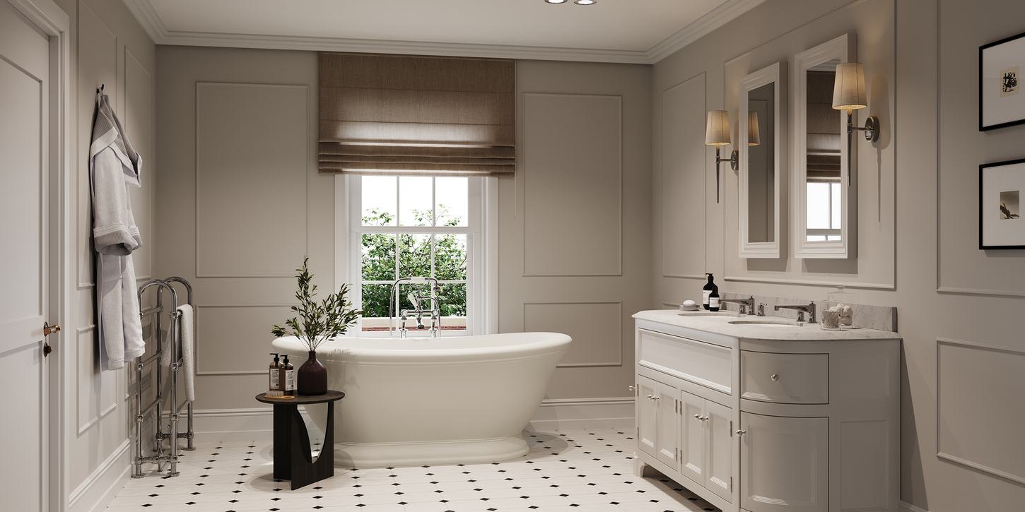 The Woodlands Collection bathroom CGI with freestanding bath, West Byfleet — by HDEY