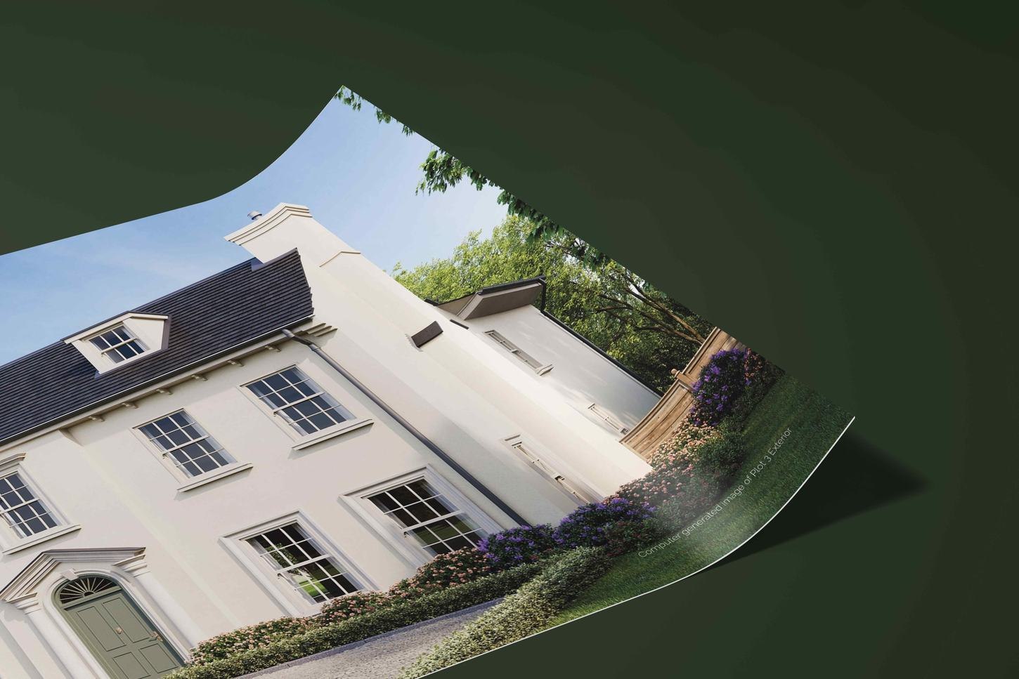 The Woodlands Collection brochure open at an exterior CGI spread, print design by HDEY
