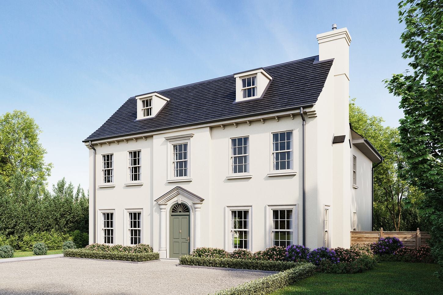 The Woodlands Collection external CGI of the white rendered house, West Byfleet — by HDEY