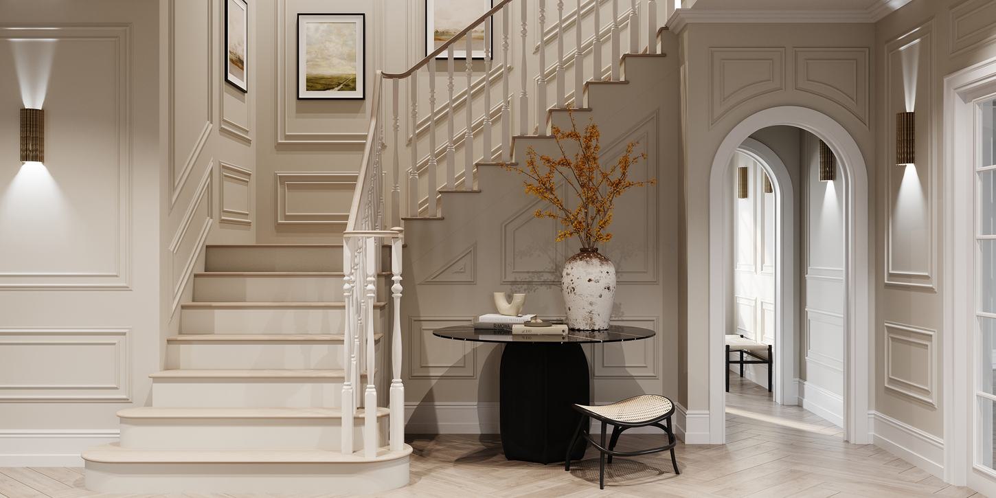 The Woodlands Collection staircase CGI with panelled hallway, West Byfleet — by HDEY