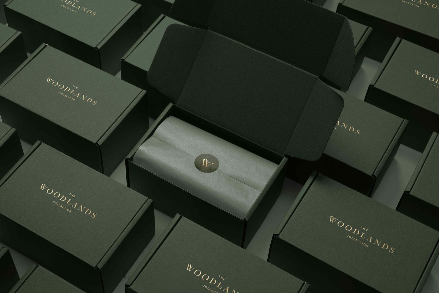 The Woodlands Collection stationery and boxes in forest green, brand assets by HDEY
