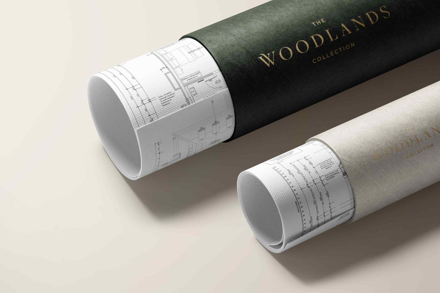 The Woodlands Collection drawing tubes and brochure, brand assets by HDEY