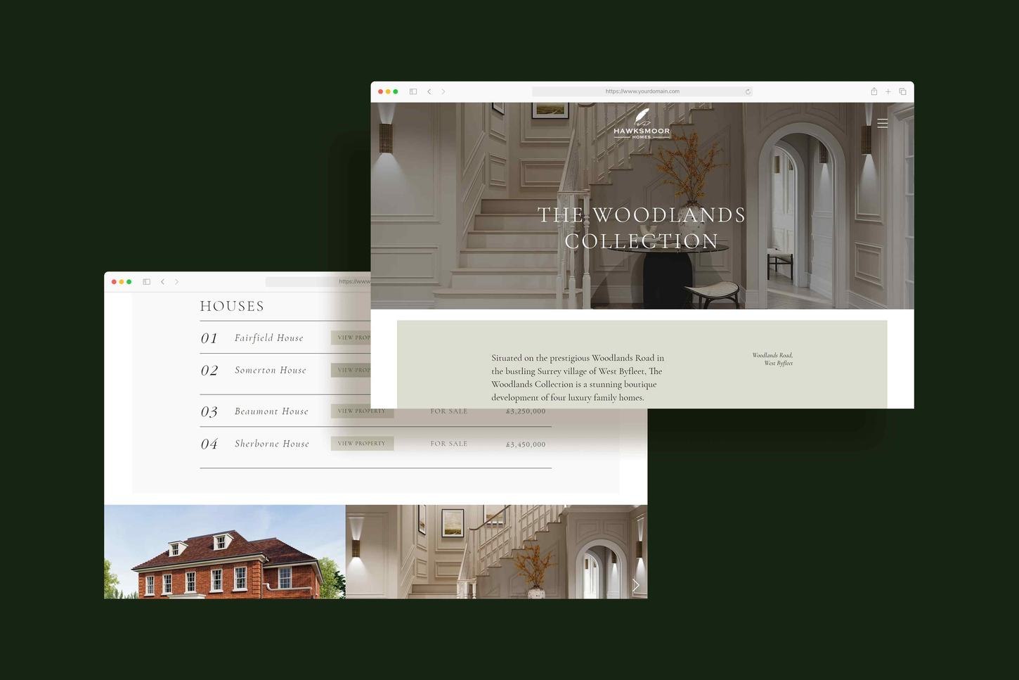 The Woodlands Collection pages within the Hawksmoor Homes website showing the houses list, by HDEY