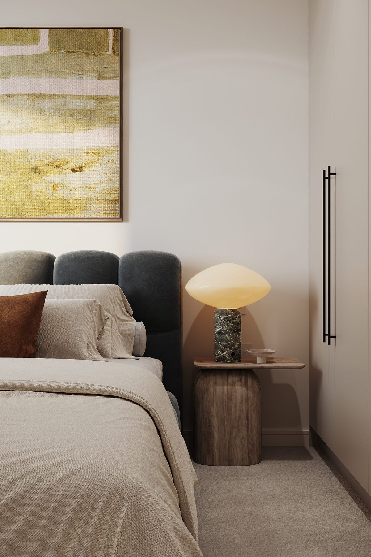 Wynsterne bedside styling detail with marble lamp, Streatham Vale — interior design by HDEY