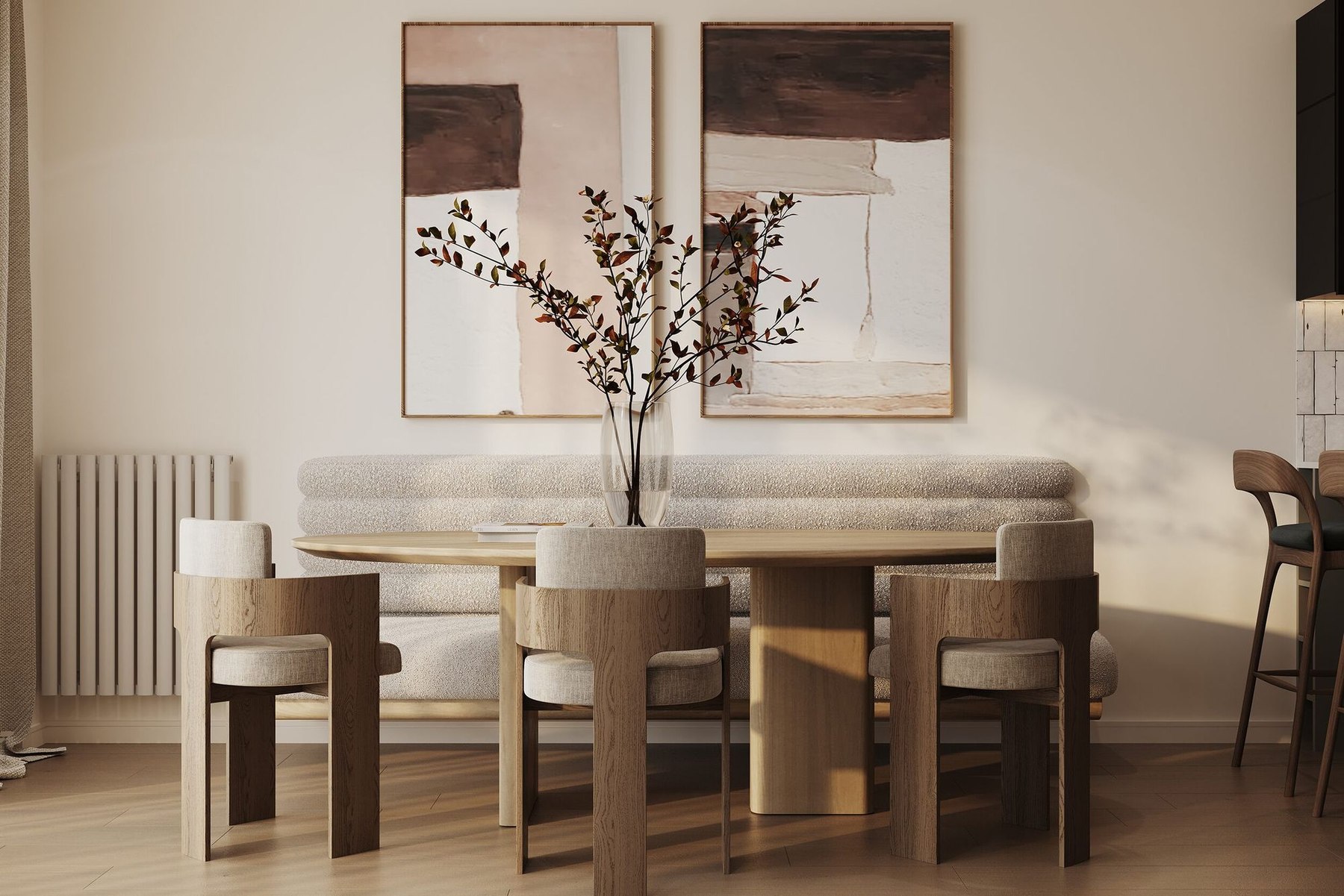 Wynsterne dining area with pale timber furniture and artwork, Streatham Vale — interior design by HDEY