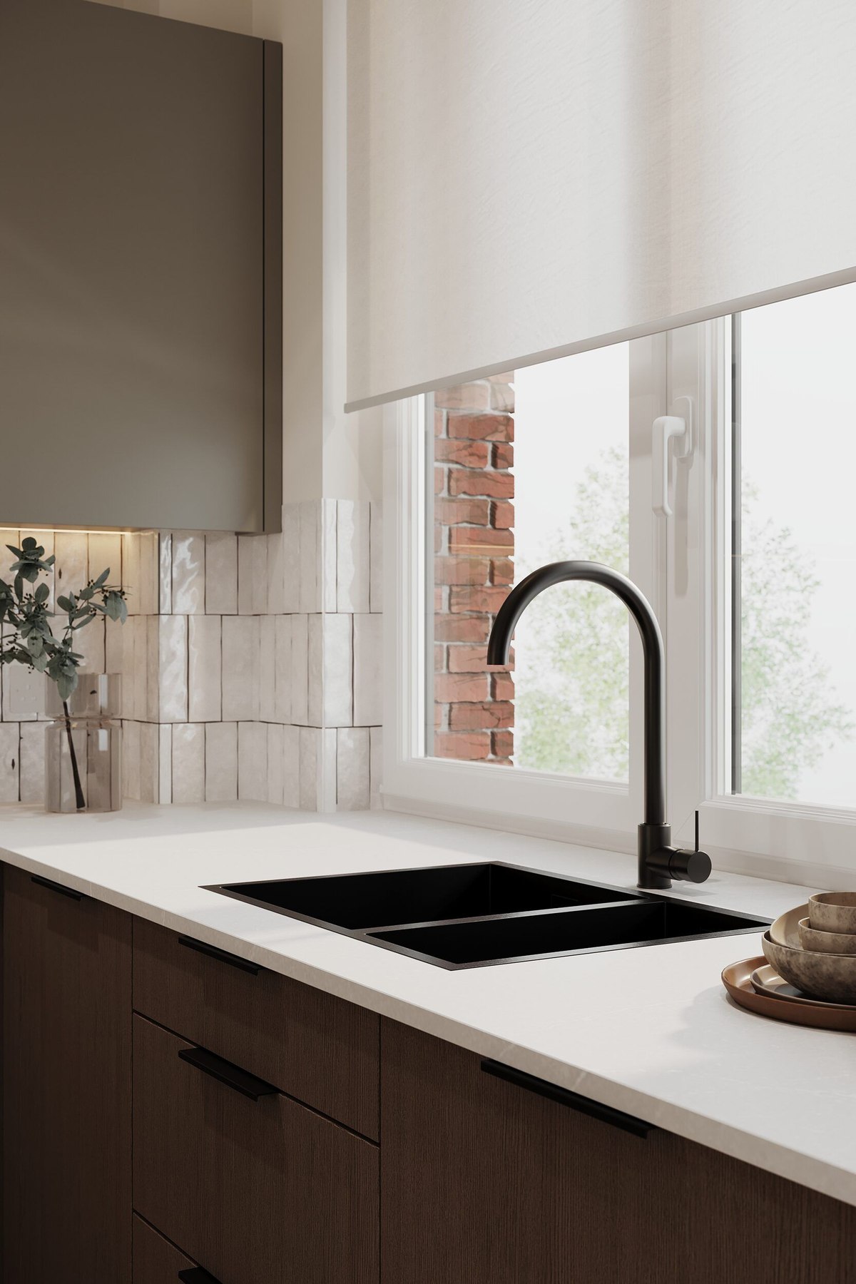 Wynsterne kitchen detail with matt black brassware and mosaic tiled splashback, Streatham Vale — by HDEY