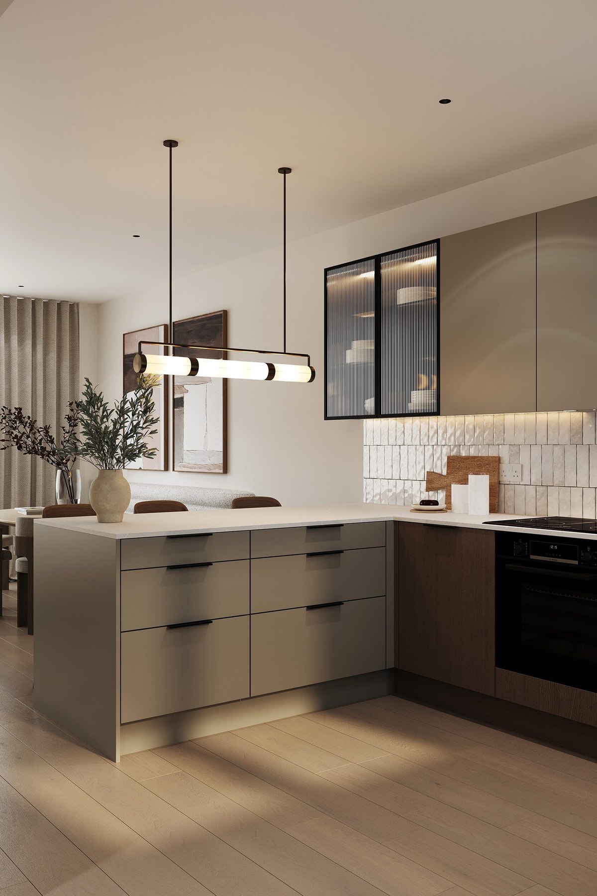 Wynsterne kitchen island detail with pendant lighting and glass-fronted cabinets, Streatham Vale — specification by HDEY