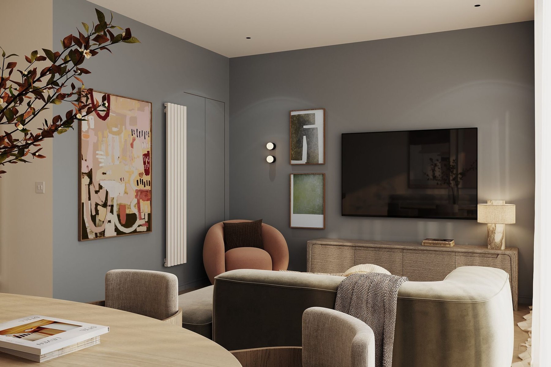Wynsterne living room interior with open-plan layout, Streatham Vale — interior design by HDEY