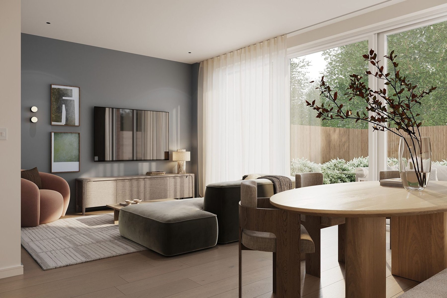 Wynsterne living room with feature wall and garden view, Streatham Vale — designed by HDEY