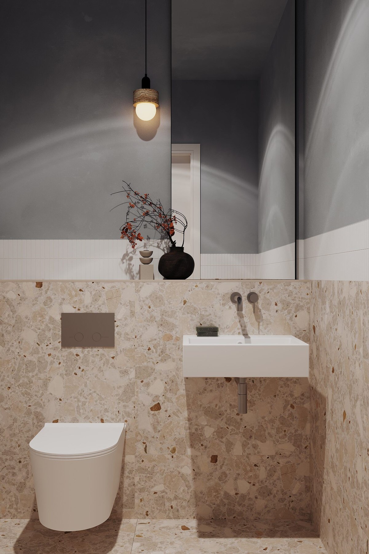 Wynsterne ground floor cloakroom with terrazzo tiles and statement lighting, Streatham Vale — by HDEY